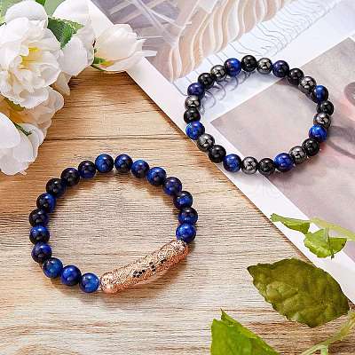 2Pcs 2 Style Natural Tiger Eye & Gemstone Stretch Bracelets Set BJEW-SW00090-1