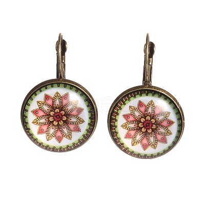 Flower Pattern Glass Cabochon Brass Leverback Earrings EJEW-JE01721-1