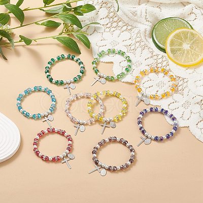 9Pcs 9 Color Glass & Imitation Pearl Beaded Stretch Bracelets Set BJEW-JB08945-1