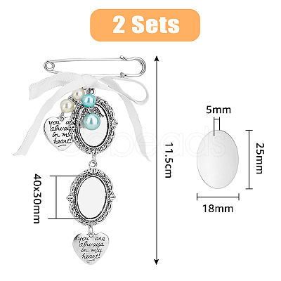 2Pcs 2 Style Oval & Love Heart Blank Glass Dome Wedding Bouquet Photo Charms Safety Pin Brooches JEWB-AB00006-1