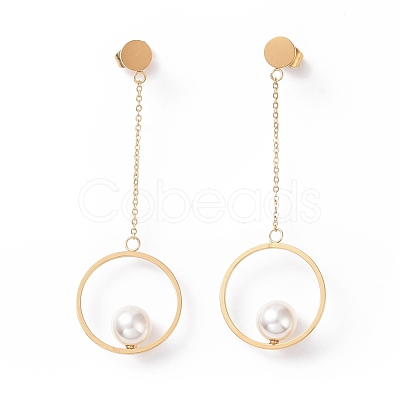 Ring with Imitation Pearl Long Tassel Dangle Stud Earrings STAS-E154-04G-1