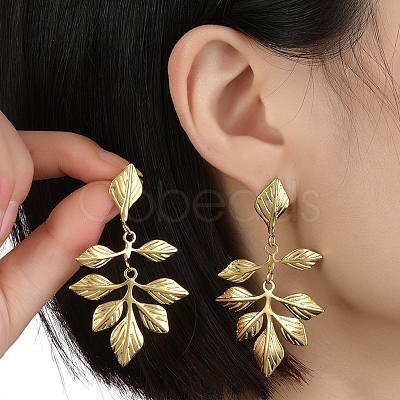 201 Stainless Steel Leaf Dangle Stud Earrings EJEW-D084-11G-1