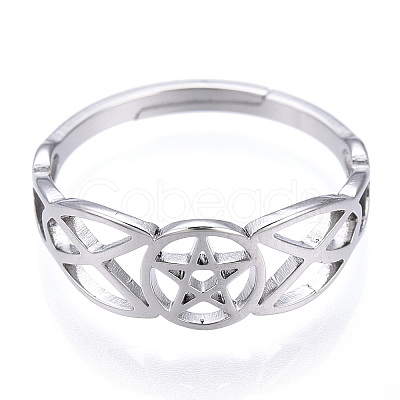 Non-Tarnish 304 Stainless Steel Hollow Out Pentagram Adjustable Ring for Women RJEW-T027-12P-1