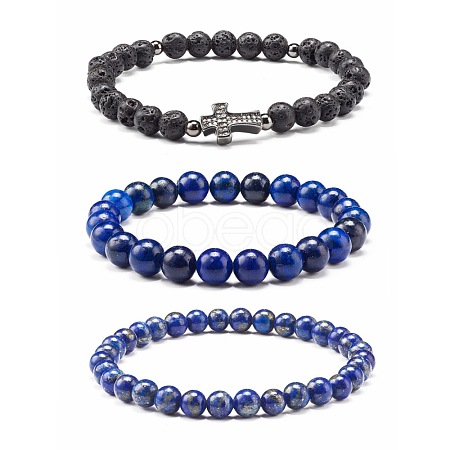 Natural Lapis Lazuli(Dyed) & Lava Rock Round Beads Stretch Bracelets Set BJEW-JB06982-03-1