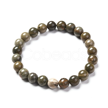 Natural Silver Leaf Jasper Round Beads Stretch Bracelet for Men Women BJEW-JB06824-02-1