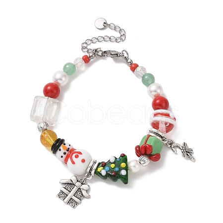 Snowman & Candy Cane Alloy Charm Bracelet BJEW-TA00265-1
