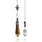 Natural Tiger Eye Cone Dowsing Pendulum Big Pendants, with Meatl Woven Net/Web with Feather, Pendant: 68x16mm