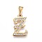 304 Stainless Steel Pendants, with Rhinestone, Letter, Letter.Z, 21x13.5x2mm, Hole: 3~3.5x7.5~8mm