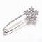 Brass Micro Pave Cubic Zirconia Safety Brooch, Flower, Clear, Platinum, 58x20mm, Pin: 1.5mm