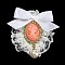 Romantic Classic Polyester Lace Bowknot Brooch for Women, with Iron Pin & Plastic Imitation Pearl, Oval, Light Salmon, 69.5~71.5x64~70x24~26.5mm