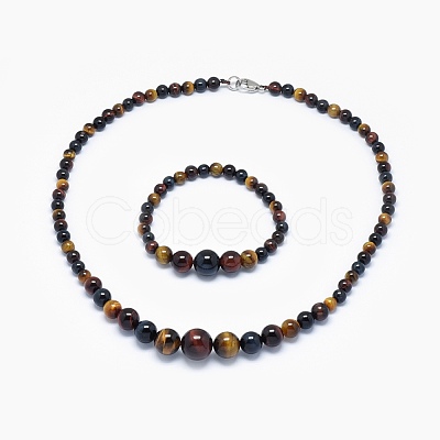 Natural Tiger Eye Graduated Beads Necklaces and Bracelets Jewelry Sets SJEW-L132-09-1