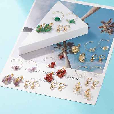 3 Pairs 3 Style Natural Gemstone Chips Beaded Cluster Dangle Stud & Leverback Earrings EJEW-JE04895-1