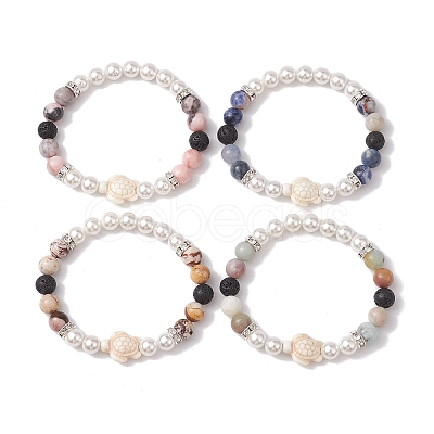 8mm Round Gemstone & Shell Pearl Beaded Stretch Bracelets BJEW-JB10317-1