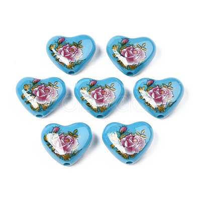 Flower Printed Opaque Acrylic Heart Beads SACR-S305-28-O04-1