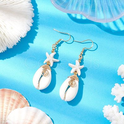 Starfish Brass with Synthetic Turquoise & Cowrie Shell Dangle Earrings EJEW-JE06141-02-1