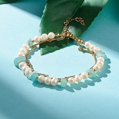 Natural Flower Amazonite & Pearl Beads Double Layered Bracelet X1-BJEW-TA00025-04-1