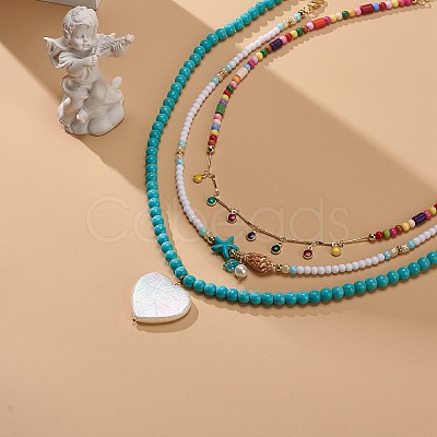 3Pcs 3Pcs Shell Pearl & Acrylic Heart & Enamel Pendant Necklaces Set NJEW-JN04038-1