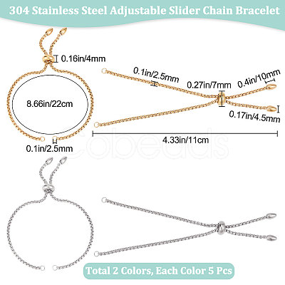 Beebeecraft 10Pcs 2 Colors Adjustable 304 Stainless Steel Slider Bracelets Making STAS-BBC0001-85-1