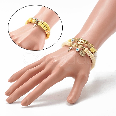 5Pcs 5 Style Handmade Polymer Clay Stretch & Brass Beaded & Alloy Link Chain Bracelets Set BJEW-SZ0001-66B-1