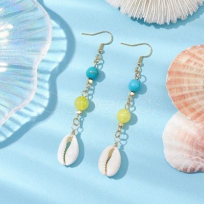 Cowrie Shell and Synthetic Turquoise & Natural Mashan Jade Dangle Earrings for Women EJEW-JE05814-1