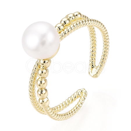 Natural Pearl Double Lines Brass Open Cuff Finger Rings PEAR-N022-C08-1