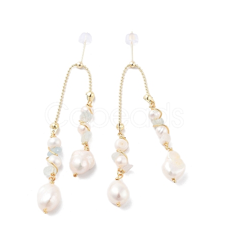 Natural Pearl Dangle Stud Earrings EJEW-P256-25G-1