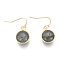 Flat Round Golden Tone Brass Natural Labradorite Dangle Earrings, 27mm, Pin: 0.7mm