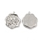 Non-Tarnish 304 Stainless Steel Pendants, Hexagon with Flower Charm, Stainless Steel Color, 18x16x2.5mm, Hole: 1.6mm