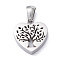 Non-Tarnish 304 Stainless Steel Pendants, Manual Polishing, Heart with Tree of Life, Stainless Steel Color, 15x14x3.2mm, Hole: 5x3mm