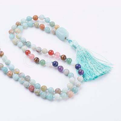 Natural Flower Amazonite Tassel Pendant Necklaces NJEW-P193-A05-1