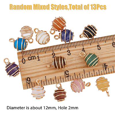 SUPERFINDINGS 1 set Natural & Synthetic Mixed Gemstone Copper Wire Wrapped Round Charms G-FH0002-08-1