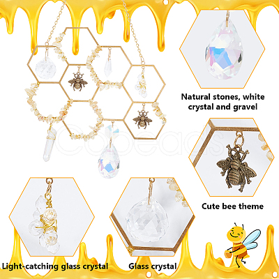 Brass Honeycomb & Yellow Quartz Chip Pendant Decorations HJEW-WH0069-33-1