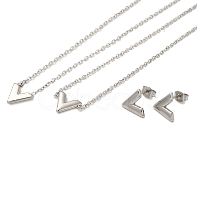 Non-Tarnish Letter V 304 Stainless Steel Pendant Necklaces & Bracelets & Stud Earrings Sets for Women SJEW-C004-04P-1