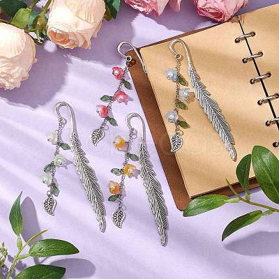 4Pcs 4 Colors Alloy Feather Bookmarks AJEW-TA00024-1