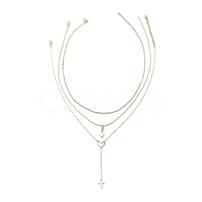 3Pcs 3 Style Brass Star & Heart & Cross Pendant Necklaces Set with Satellite Chains NJEW-JN04074-1