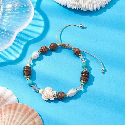 Adjustable Dyed Synthetic Turquoise & Coconut & Wood & Pearl Braided Bead Bracelets BJEW-JB10723-01-1