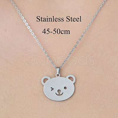 Non-Tarnish 201 Stainless Steel Hollow Bear Pendant Necklace NJEW-OY001-96-1