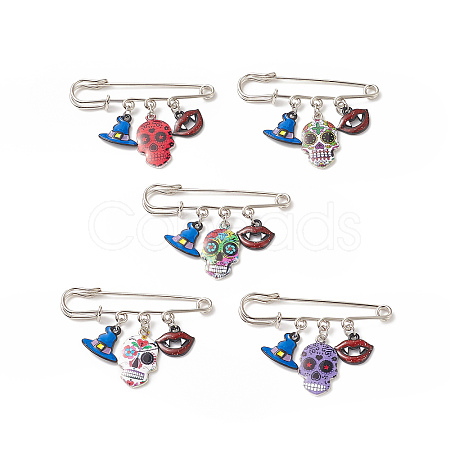 Halloween Skull & Witch Hat & Lip Alloy Enamel Charms Safety Pin Brooch JEWB-BR00089-1