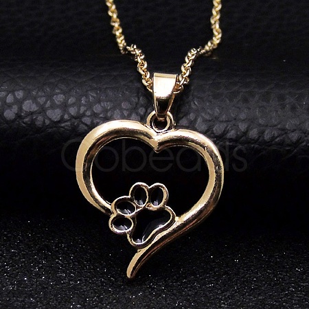 Alloy Heart with Paw Print Pendant Necklace for Women ANIM-PW0001-025G-1